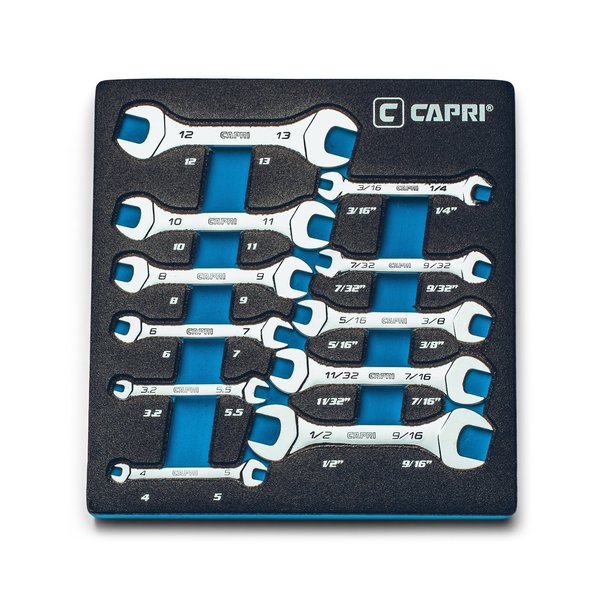 Capri Tools Slim Mini Open End Wrench Set W Mechanic's Tray, Metric and SAE, 3213mm and 316916, 11Pcs CP11830-11MST